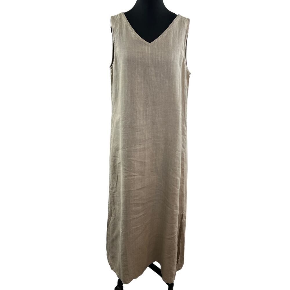 Vintage EILEEN FISHER Sleeveless Linen Shift Sun Dress V-Neckline Maxi M Medium